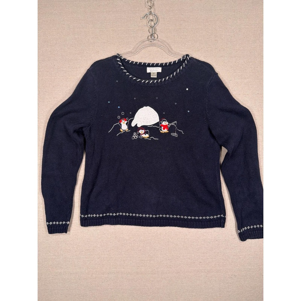 Christopher & Banks Navy Blue Penguin Igloo Winter Knit Sweater Sequin Womens M